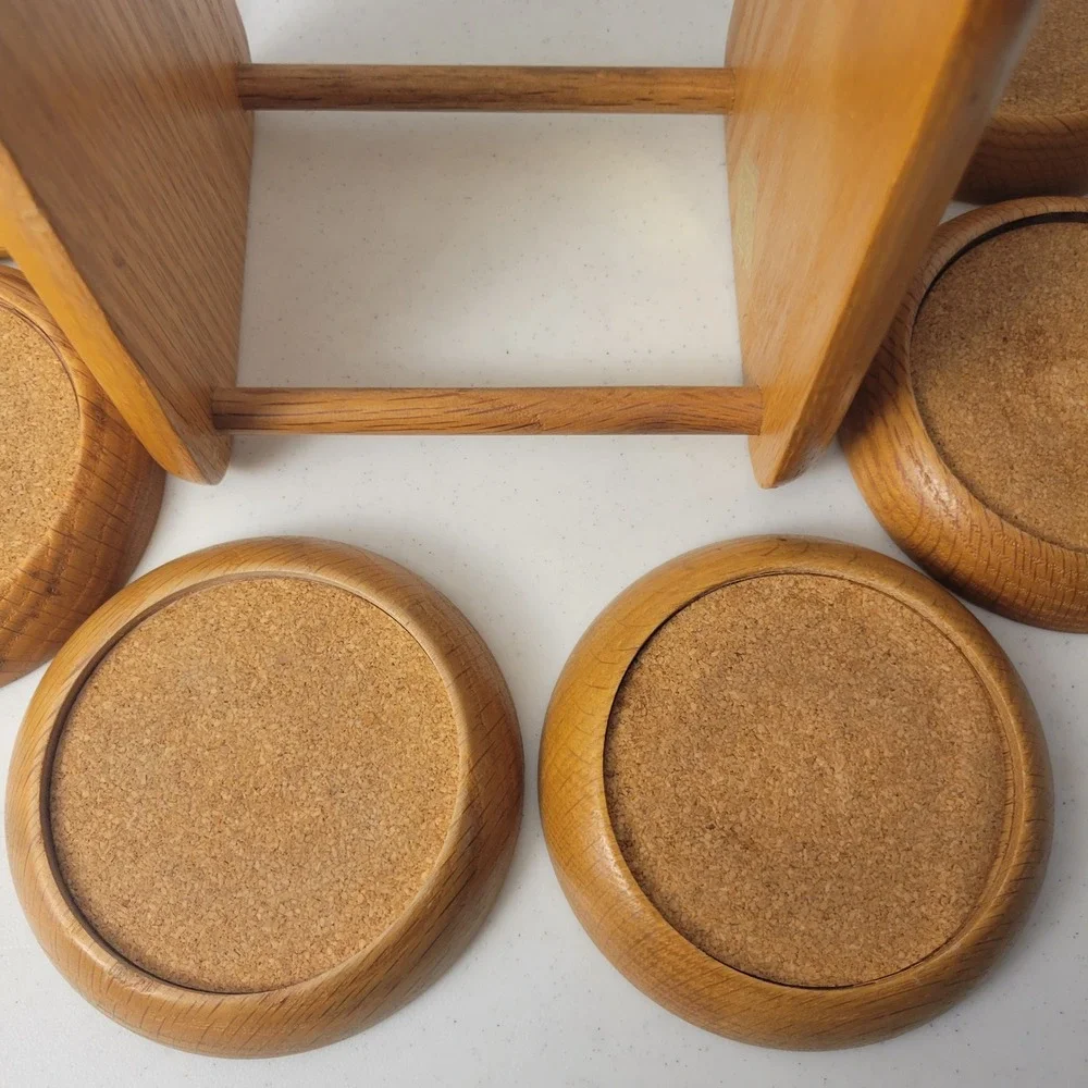 Himark Wood Coasters MCM Brown Vintage Oak Cork 6 Piece Set with Caddy